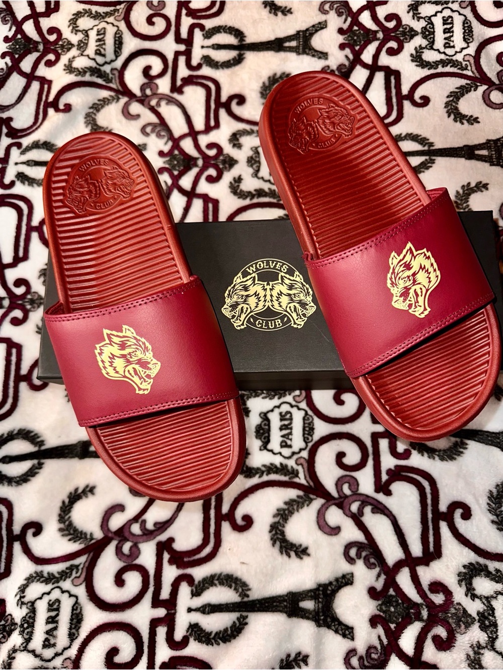 Civil Regime Darc Sport maroon slides with gold wolf head logo. Size M8 EU 42.